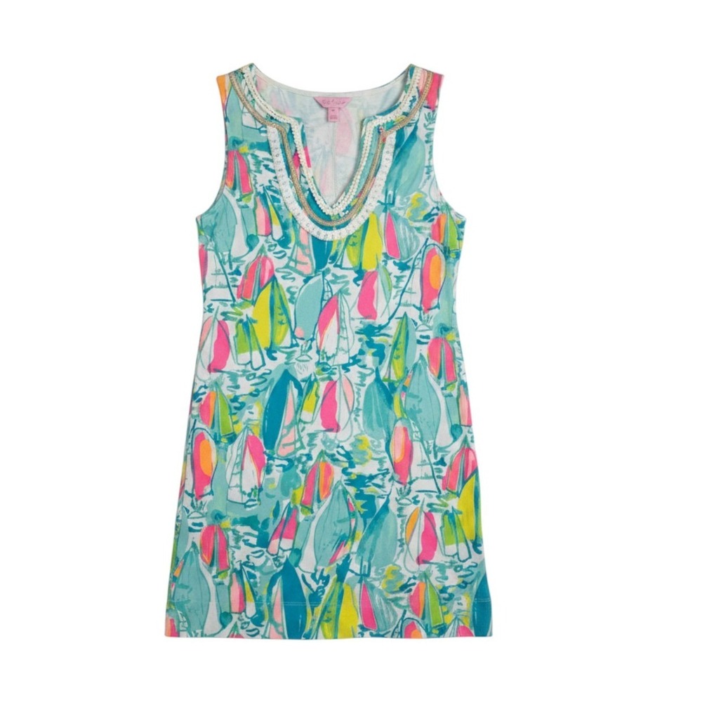 Lilly Pulitzer Harper Shift Dress Size XS Multi Beach and Bae Print Beaded Trim
